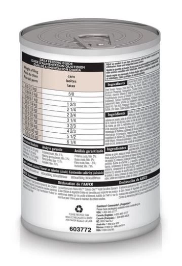 Nourriture en conserve pour chien Science Diet, estomac et peau sensible, poulet et légumes, 12.8 oz (363 g)