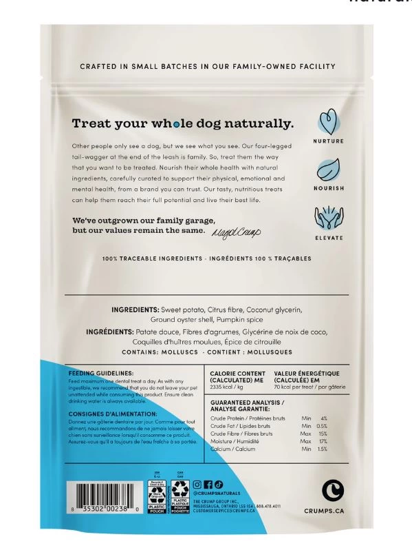 Gâterie dentaire pour chien, Crumps naturals, épices à la citrouille