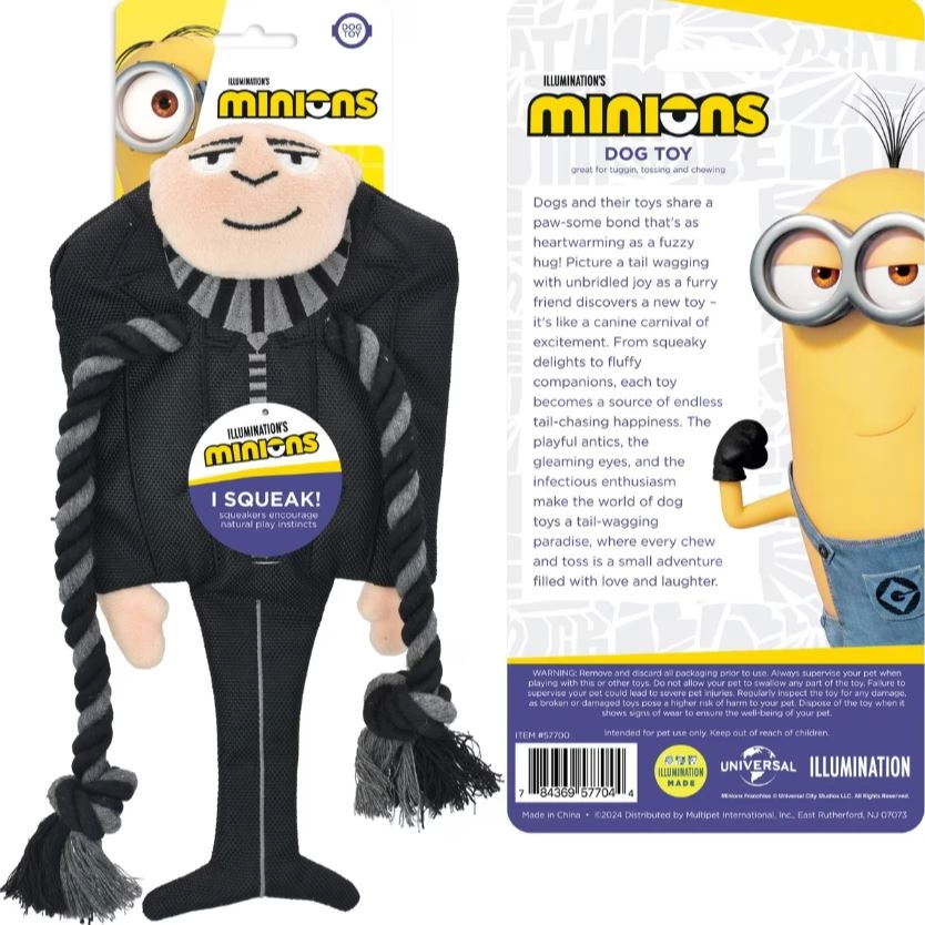 Jouet pour chien minions gru en toile avec corde